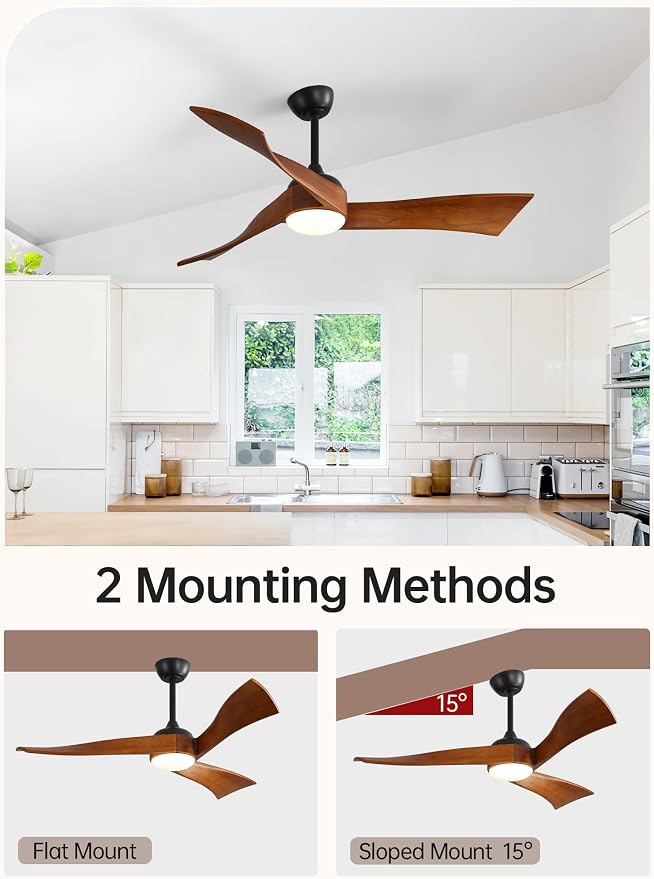 52 Inch Ceiling Fans with Lights, Solid Wood Indoor/Outdoor Ceiling Fan with Remote, Reversible DC Motor, 3 Blade Modern