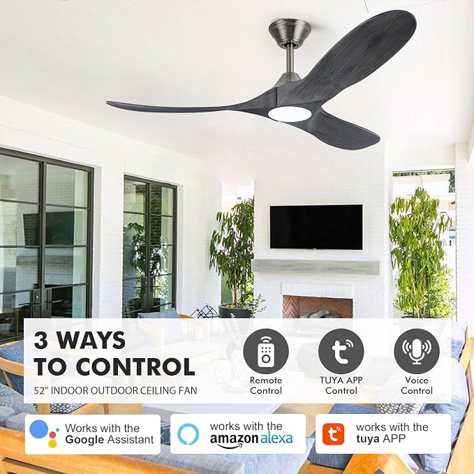 52 inch Ceiling Fans with Lights Solid Wood Outdoor Smart Ceiling Fan for Patio with Alexa/Tuya App, 3 Gray Propeller Blades