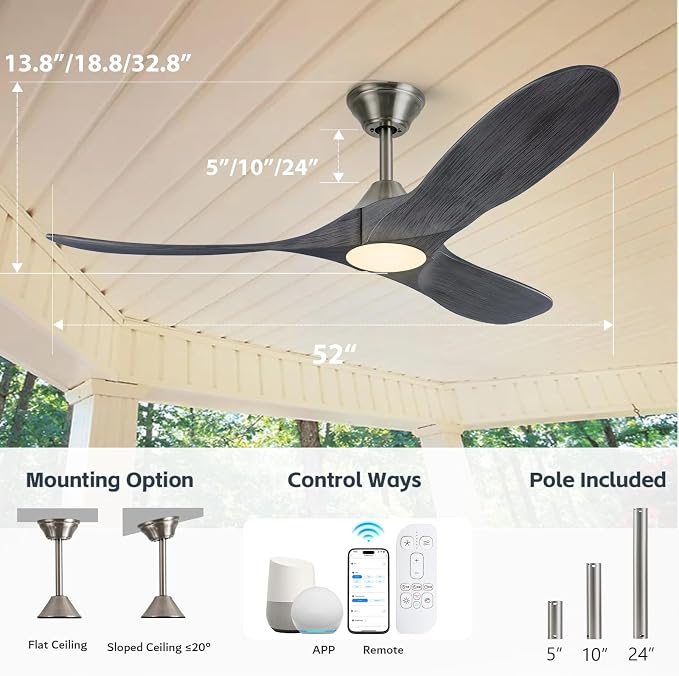 52 inch Ceiling Fans with Lights Solid Wood Outdoor Smart Ceiling Fan for Patio with Alexa/Tuya App, 3 Gray Propeller Blades