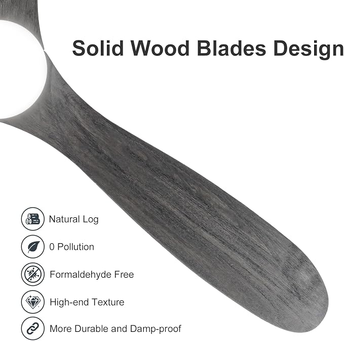 52 inch Ceiling Fans with Lights Solid Wood Outdoor Smart Ceiling Fan for Patio with Alexa/Tuya App, 3 Gray Propeller Blades