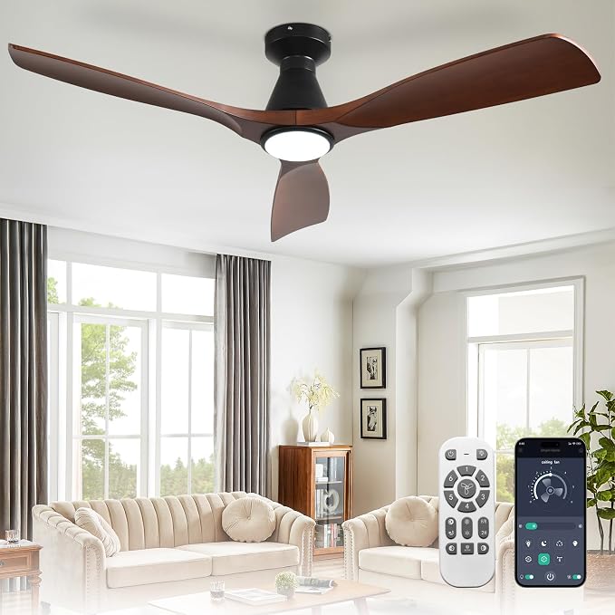 52-Inch Ceiling Fans with Lights: Walnut 3 Blade Flush Mount Low Profile Ceiling Fan for Bedroom, product image