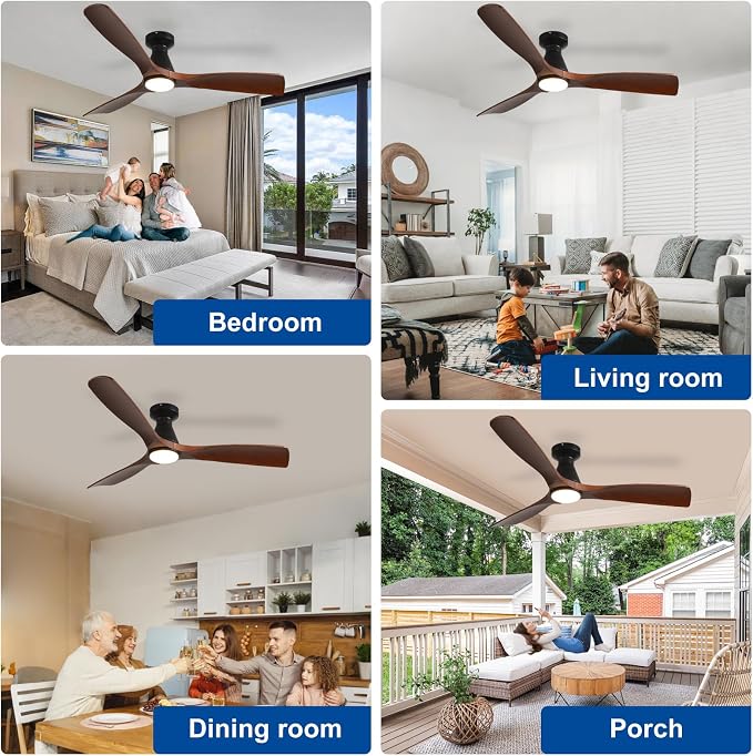 52-Inch Ceiling Fans with Lights: Walnut 3 Blade Flush Mount Low Profile Ceiling Fan for Bedroom, alternate product view 2