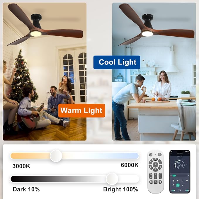 52-Inch Ceiling Fans with Lights: Walnut 3 Blade Flush Mount Low Profile Ceiling Fan for Bedroom, alternate product view 3
