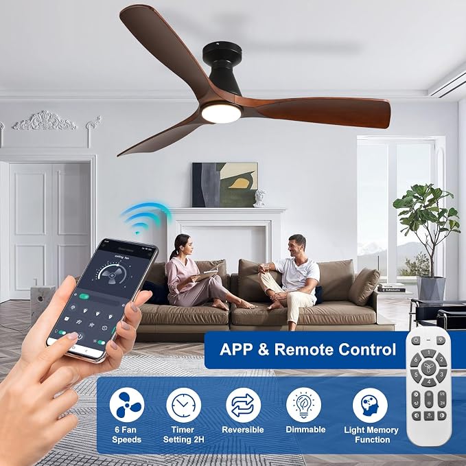 52-Inch Ceiling Fans with Lights: Walnut 3 Blade Flush Mount Low Profile Ceiling Fan for Bedroom, alternate product view 4