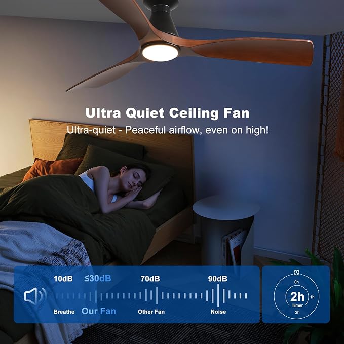 52-Inch Ceiling Fans with Lights: Walnut 3 Blade Flush Mount Low Profile Ceiling Fan for Bedroom, alternate product view 6