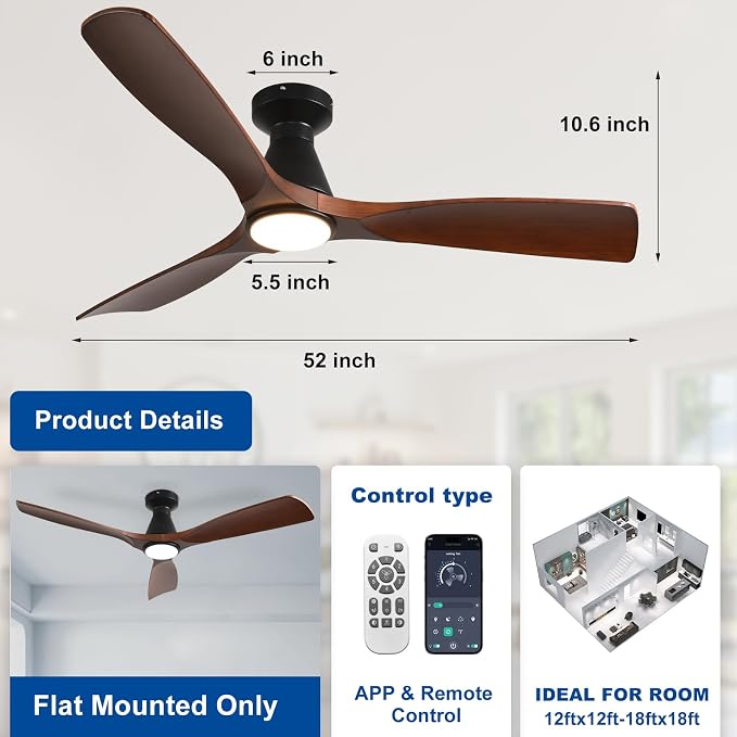 52-Inch Ceiling Fans with Lights: Walnut 3 Blade Flush Mount Low Profile Ceiling Fan for Bedroom, alternate product view 7