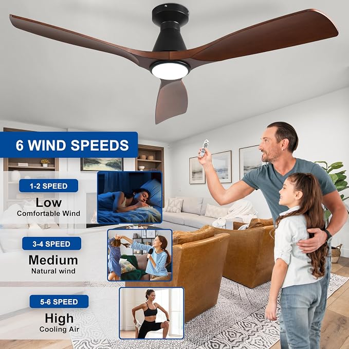 52-Inch Ceiling Fans with Lights: Walnut 3 Blade Flush Mount Low Profile Ceiling Fan for Bedroom, alternate product view 8