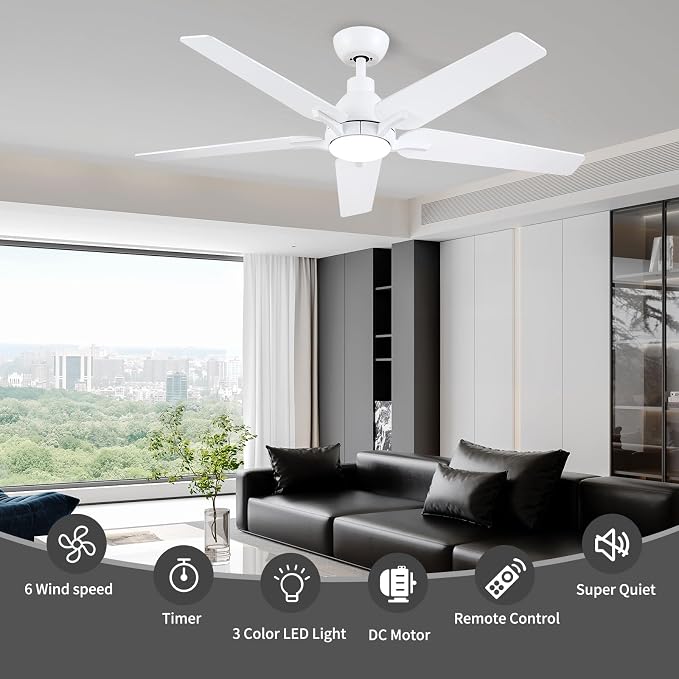 52 Inch Ceiling Fans with Lights: White Ceiling Fan 5 Blades Ceiling Fan with Light and Remote for Bedroom Living Room Dining