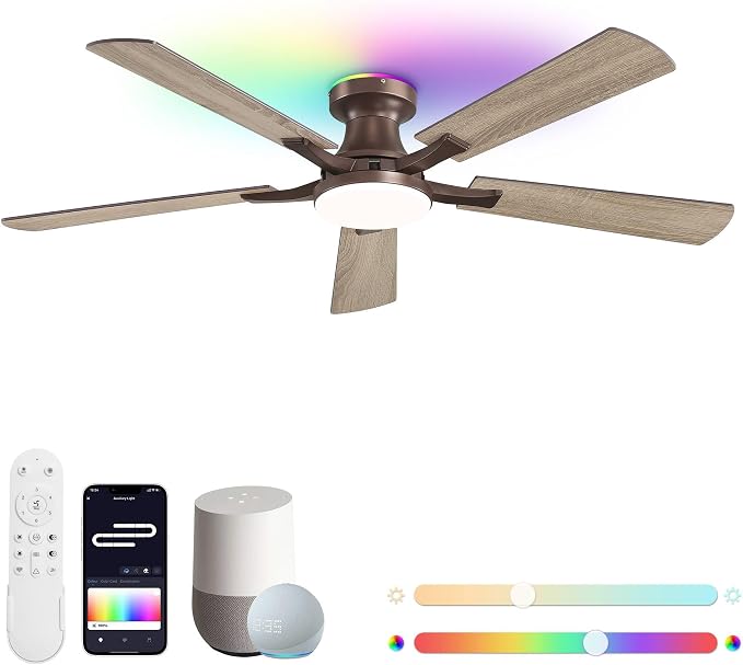 52 Inch Ceiling Fans with RGB Lights, Low Profile Flush Mount Ceiling Fan with Alexa/App/Remote, Dimmable 20W LED Light