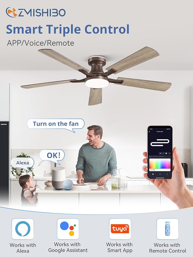 52 Inch Ceiling Fans with RGB Lights, Low Profile Flush Mount Ceiling Fan with Alexa/App/Remote, Dimmable 20W LED Light