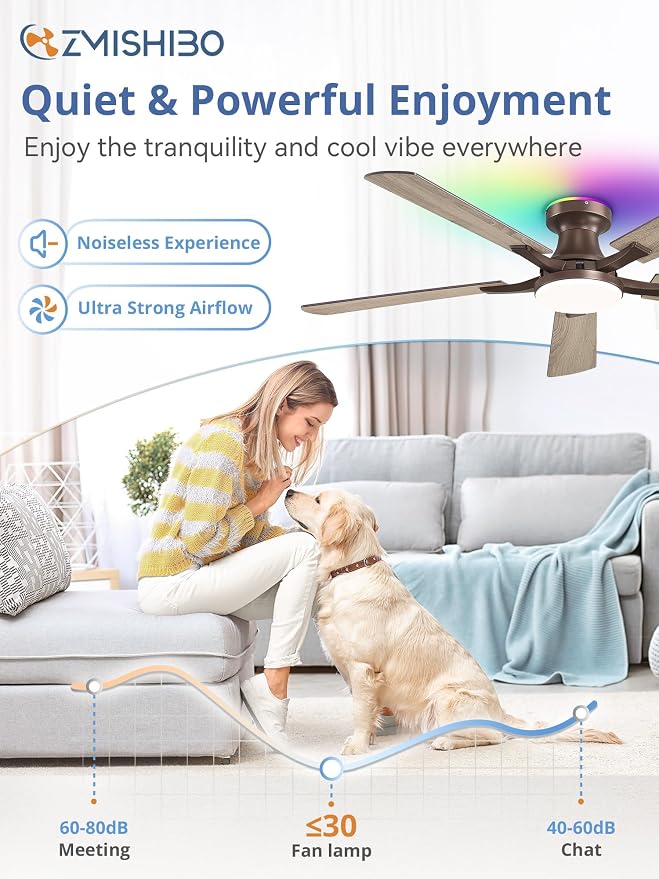 52 Inch Ceiling Fans with RGB Lights, Low Profile Flush Mount Ceiling Fan with Alexa/App/Remote, Dimmable 20W LED Light