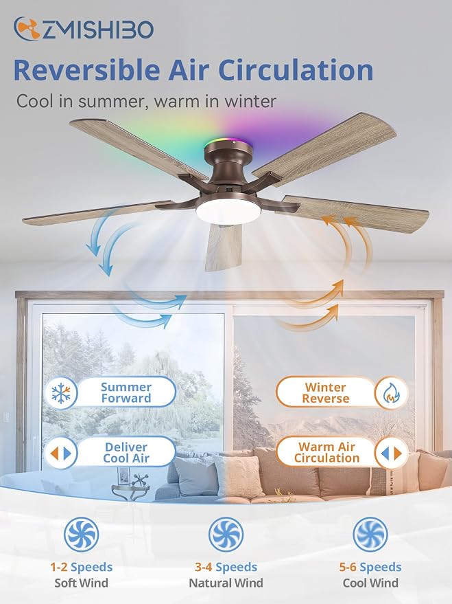 52 Inch Ceiling Fans with RGB Lights, Low Profile Flush Mount Ceiling Fan with Alexa/App/Remote, Dimmable 20W LED Light