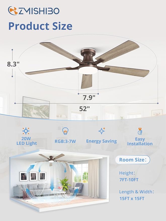 52 Inch Ceiling Fans with RGB Lights, Low Profile Flush Mount Ceiling Fan with Alexa/App/Remote, Dimmable 20W LED Light