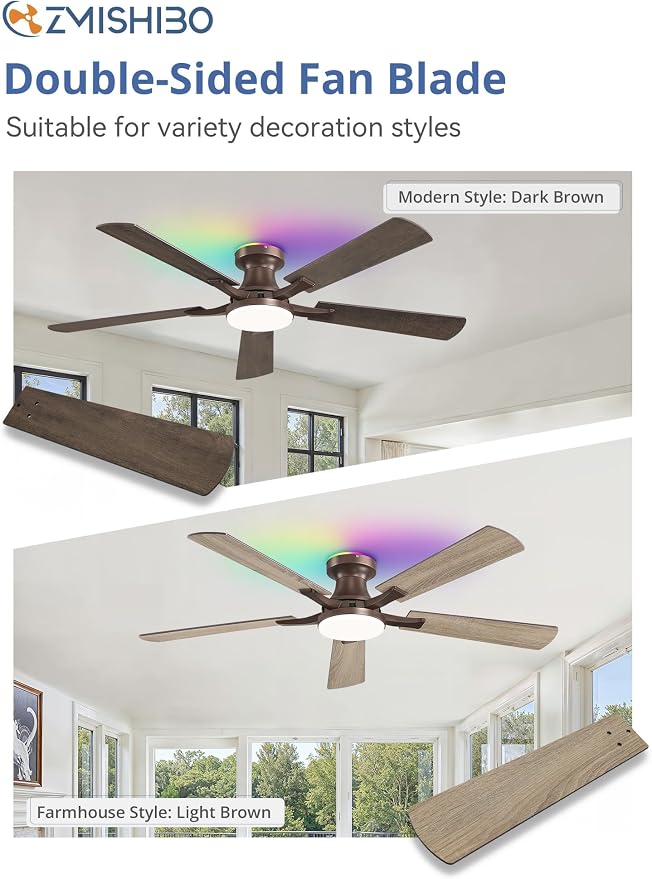52 Inch Ceiling Fans with RGB Lights, Low Profile Flush Mount Ceiling Fan with Alexa/App/Remote, Dimmable 20W LED Light