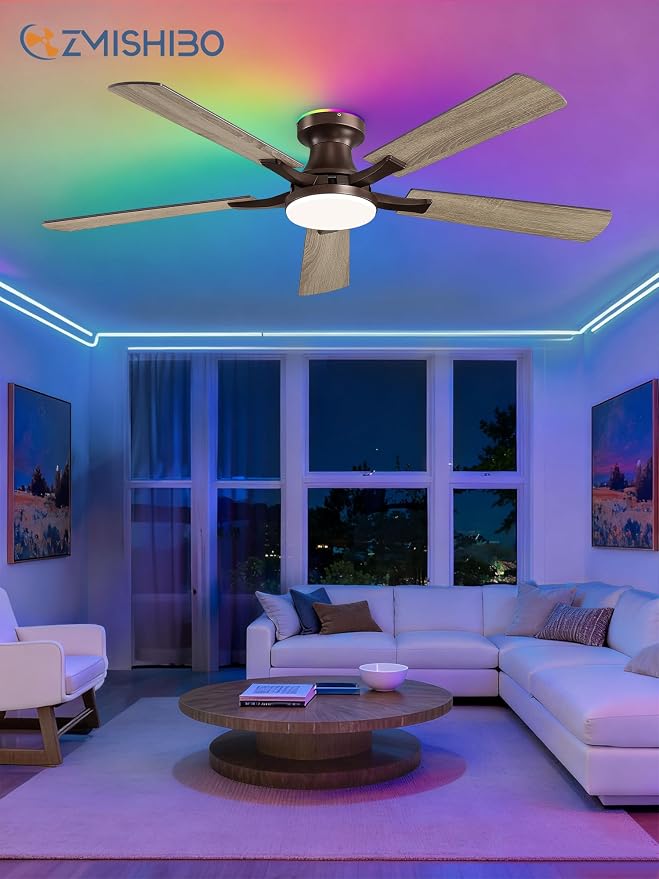 52 Inch Ceiling Fans with RGB Lights, Low Profile Flush Mount Ceiling Fan with Alexa/App/Remote, Dimmable 20W LED Light