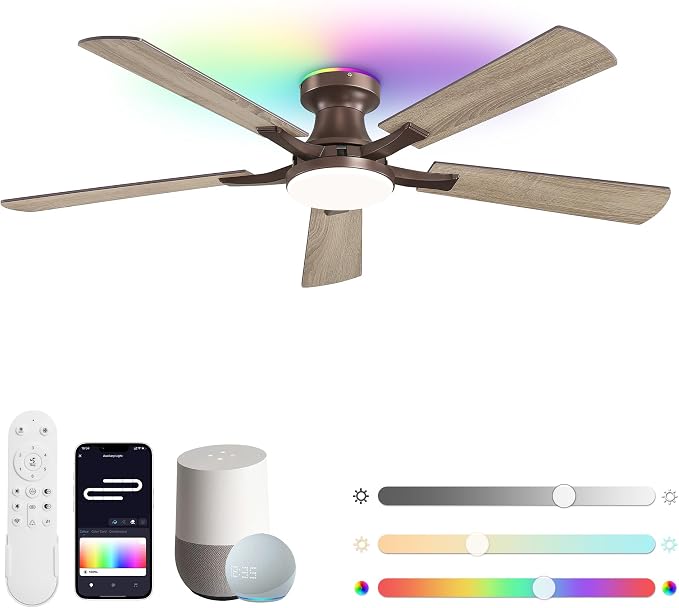 52 Inch Ceiling Fans with RGB Lights, Low Profile Flush Mount Ceiling Fan with Alexa/App/Remote, Dimmable 20W LED Light