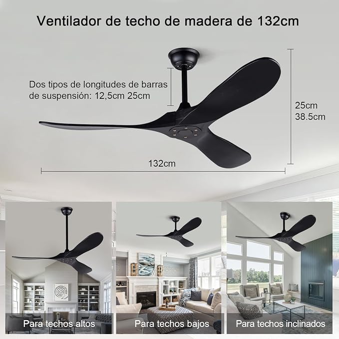 52 Inch Ceiling Fans without Lights, Black Ceiling Fans no Lights with Remote Control, 3 Solid Wood Blades, Indoor Outdoor