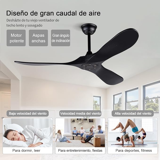 52 Inch Ceiling Fans without Lights, Black Ceiling Fans no Lights with Remote Control, 3 Solid Wood Blades, Indoor Outdoor