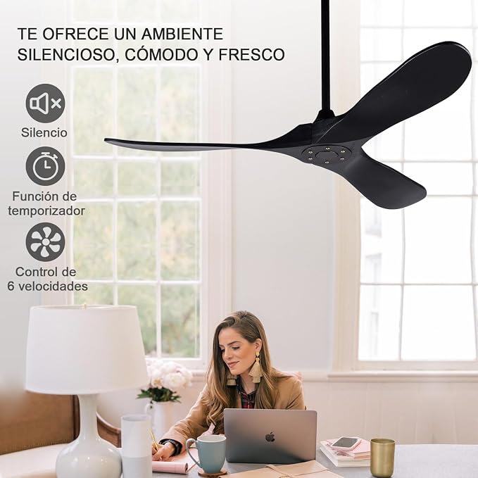 52 Inch Ceiling Fans without Lights, Black Ceiling Fans no Lights with Remote Control, 3 Solid Wood Blades, Indoor Outdoor