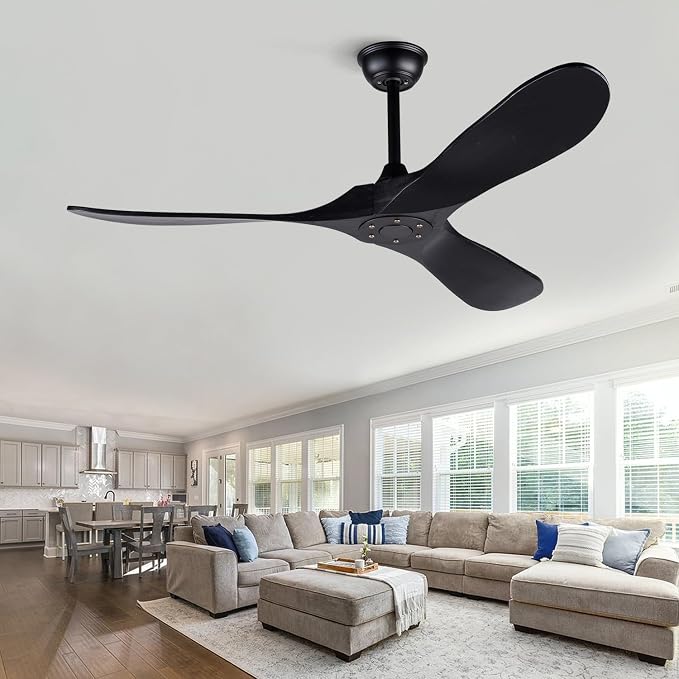 52 Inch Ceiling Fans without Lights, Black Ceiling Fans no Lights with Remote Control, 3 Solid Wood Blades, Indoor Outdoor