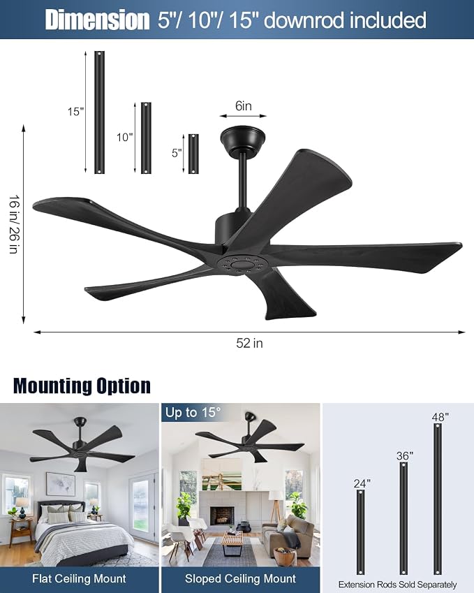52 Inch Ceiling Fans Without Lights, USA Original Patent Outdoor Ceiling Fan No Light, 5 Wood Blades, ETL Listed, 6 Speeds