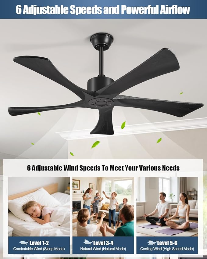 52 Inch Ceiling Fans Without Lights, USA Original Patent Outdoor Ceiling Fan No Light, 5 Wood Blades, ETL Listed, 6 Speeds
