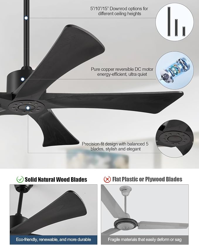 52 Inch Ceiling Fans Without Lights, USA Original Patent Outdoor Ceiling Fan No Light, 5 Wood Blades, ETL Listed, 6 Speeds