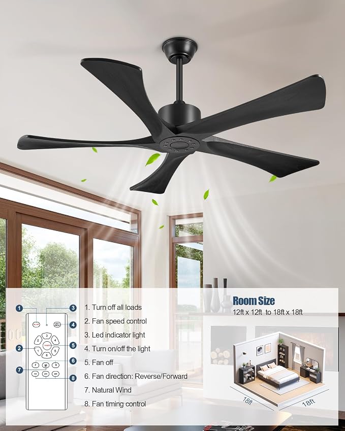 52 Inch Ceiling Fans Without Lights, USA Original Patent Outdoor Ceiling Fan No Light, 5 Wood Blades, ETL Listed, 6 Speeds