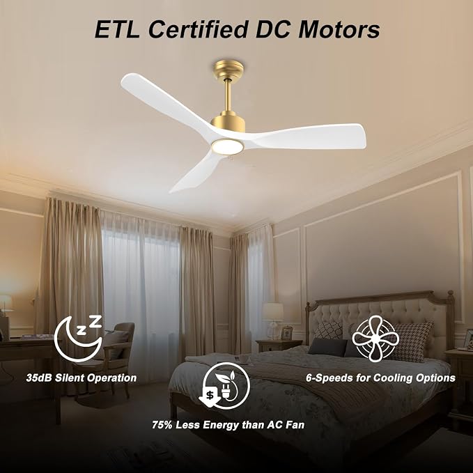 52 Inch ETL Listed Indoor Outdoor Smart Ceiling Fans with Lights Remote Control, Quiet DC Motor 3 Blade Modern White Gold