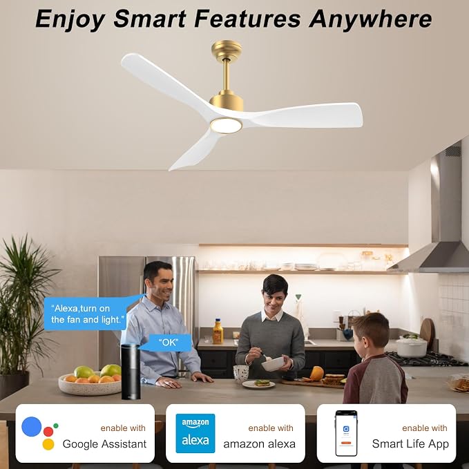 52 Inch ETL Listed Indoor Outdoor Smart Ceiling Fans with Lights Remote Control, Quiet DC Motor 3 Blade Modern White Gold