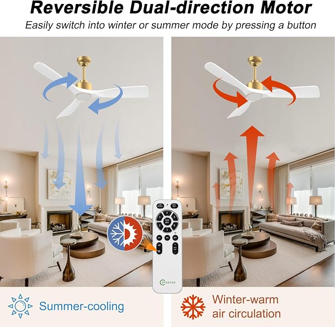 52 Inch ETL Listed Indoor Outdoor Smart Ceiling Fans with Lights Remote Control, Quiet DC Motor 3 Blade Modern White Gold