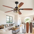 52 Inch Farmhouse Ceiling Fan with Light and Remote, Black Industrial Caged Flush Mount Ceiling Fans with 6 Speed Reversible