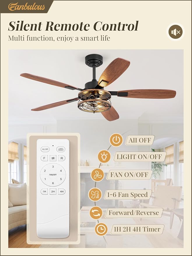 52 Inch Farmhouse Ceiling Fan with Light and Remote, Black Industrial Caged Flush Mount Ceiling Fans with 6 Speed Reversible