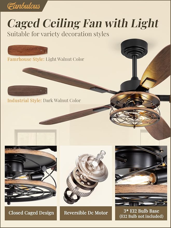 52 Inch Farmhouse Ceiling Fan with Light and Remote, Black Industrial Caged Flush Mount Ceiling Fans with 6 Speed Reversible