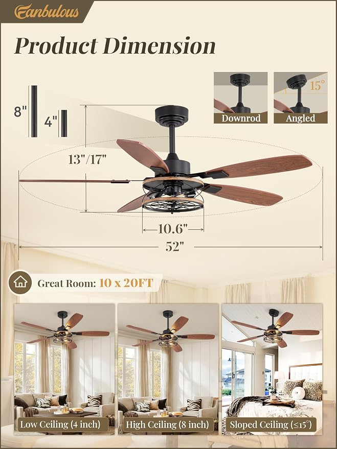 52 Inch Farmhouse Ceiling Fan with Light and Remote, Black Industrial Caged Flush Mount Ceiling Fans with 6 Speed Reversible