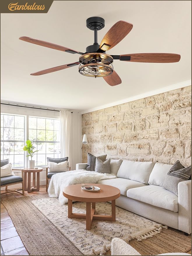 52 Inch Farmhouse Ceiling Fan with Light and Remote, Black Industrial Caged Flush Mount Ceiling Fans with 6 Speed Reversible