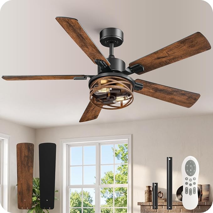 52 Inch Farmhouse Ceiling Fan with Lights and Remote, Timer, Dual Finish 5 Blades (Walnut and Black), 6 Speeds, Reversible DC