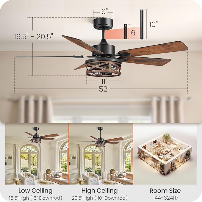 52 Inch Farmhouse Ceiling Fan with Lights and Remote, Timer, Dual Finish 5 Blades (Walnut and Black), 6 Speeds, Reversible DC