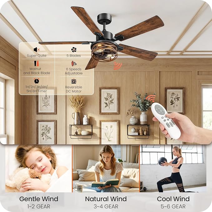 52 Inch Farmhouse Ceiling Fan with Lights and Remote, Timer, Dual Finish 5 Blades (Walnut and Black), 6 Speeds, Reversible DC