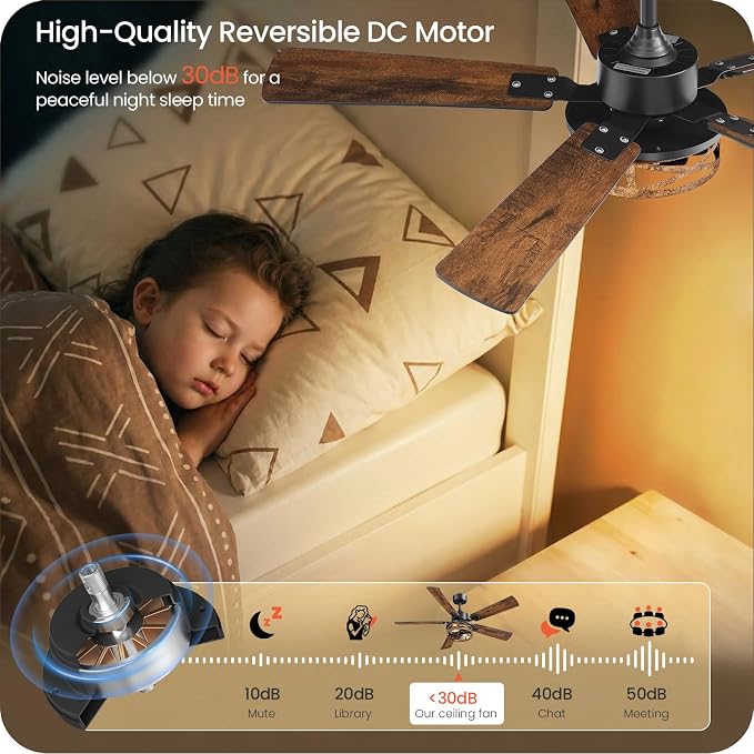 52 Inch Farmhouse Ceiling Fan with Lights and Remote, Timer, Dual Finish 5 Blades (Walnut and Black), 6 Speeds, Reversible DC