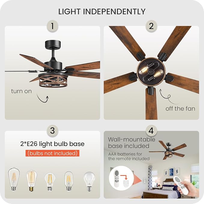 52 Inch Farmhouse Ceiling Fan with Lights and Remote, Timer, Dual Finish 5 Blades (Walnut and Black), 6 Speeds, Reversible DC