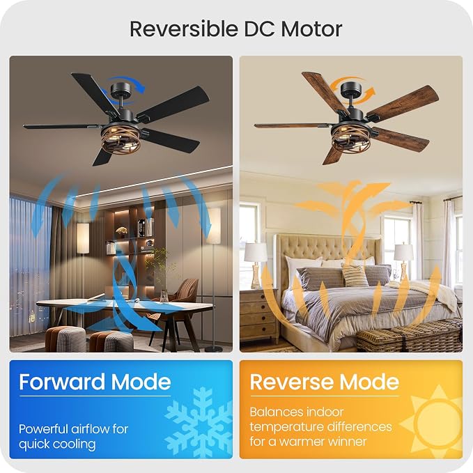 52 Inch Farmhouse Ceiling Fan with Lights and Remote, Timer, Dual Finish 5 Blades (Walnut and Black), 6 Speeds, Reversible DC
