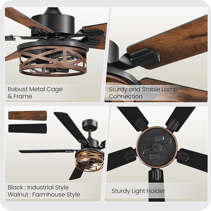 52 Inch Farmhouse Ceiling Fan with Lights and Remote, Timer, Dual Finish 5 Blades (Walnut and Black), 6 Speeds, Reversible DC