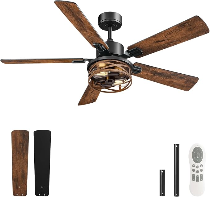52 Inch Farmhouse Ceiling Fan with Lights and Remote, Timer, Dual Finish 5 Blades (Walnut and Black), 6 Speeds, Reversible DC