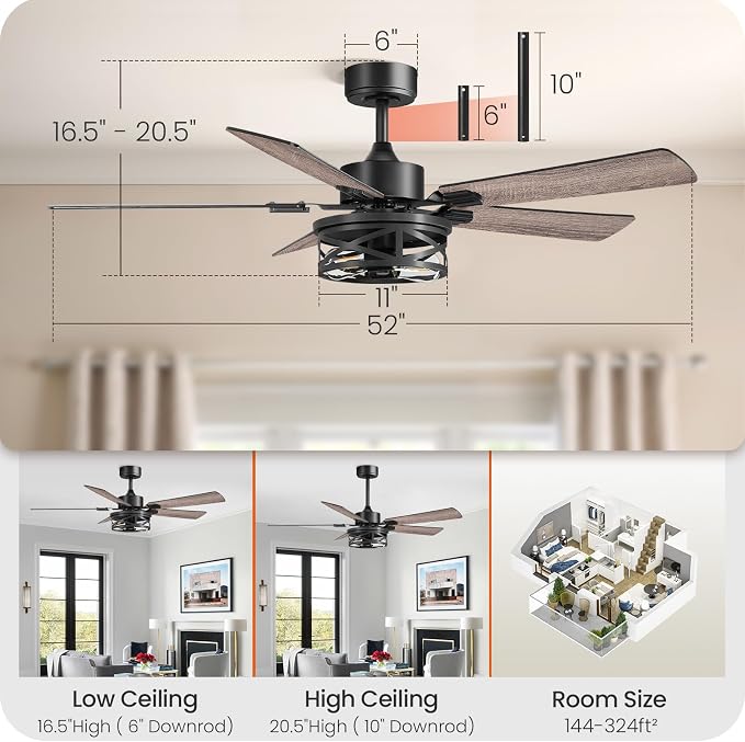 52 Inch Farmhouse Ceiling Fan with Lights and Remote, Timer, Dual Finish 5 Blades (Gray Oak and Black), 6 Speeds, Reversible