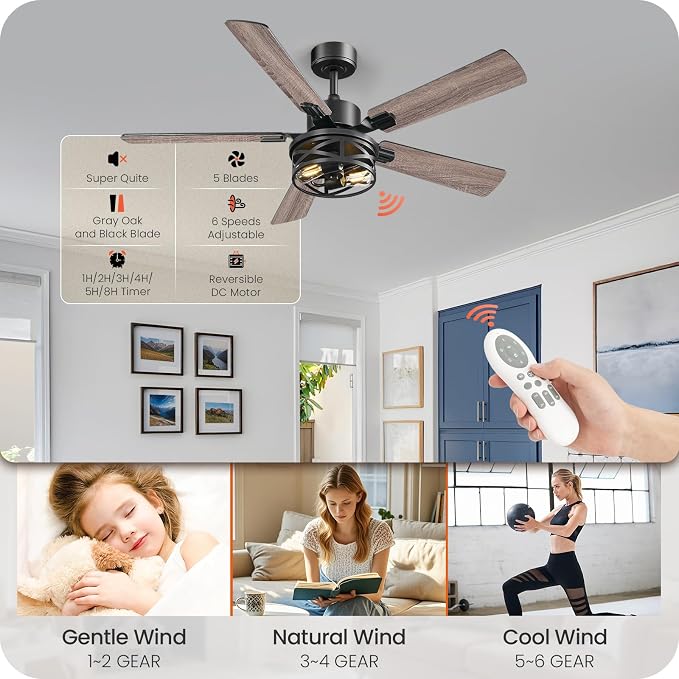 52 Inch Farmhouse Ceiling Fan with Lights and Remote, Timer, Dual Finish 5 Blades (Gray Oak and Black), 6 Speeds, Reversible