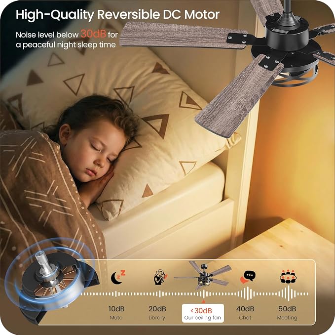 52 Inch Farmhouse Ceiling Fan with Lights and Remote, Timer, Dual Finish 5 Blades (Gray Oak and Black), 6 Speeds, Reversible