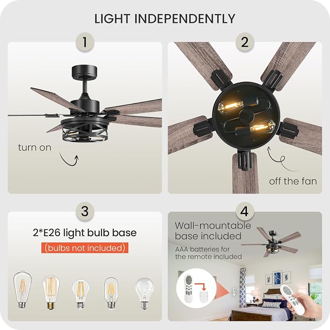 52 Inch Farmhouse Ceiling Fan with Lights and Remote, Timer, Dual Finish 5 Blades (Gray Oak and Black), 6 Speeds, Reversible