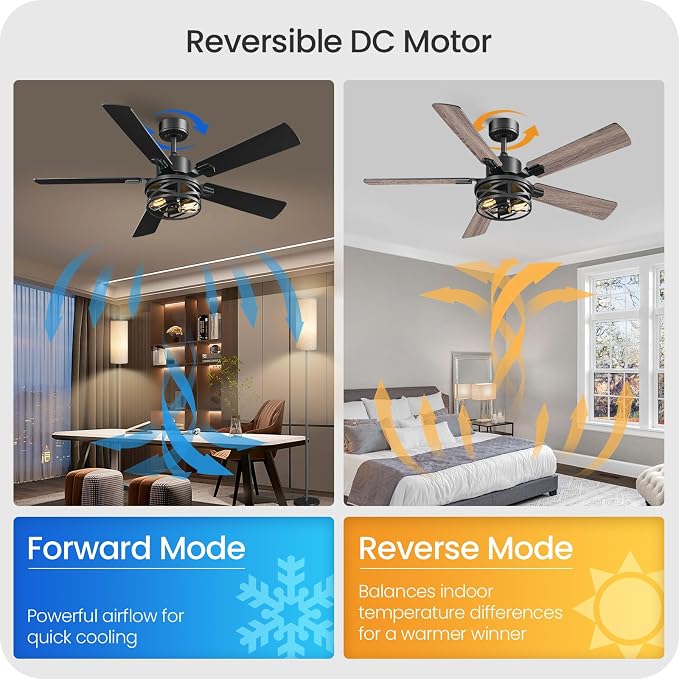 52 Inch Farmhouse Ceiling Fan with Lights and Remote, Timer, Dual Finish 5 Blades (Gray Oak and Black), 6 Speeds, Reversible