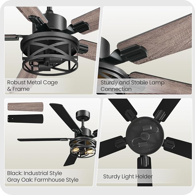 52 Inch Farmhouse Ceiling Fan with Lights and Remote, Timer, Dual Finish 5 Blades (Gray Oak and Black), 6 Speeds, Reversible